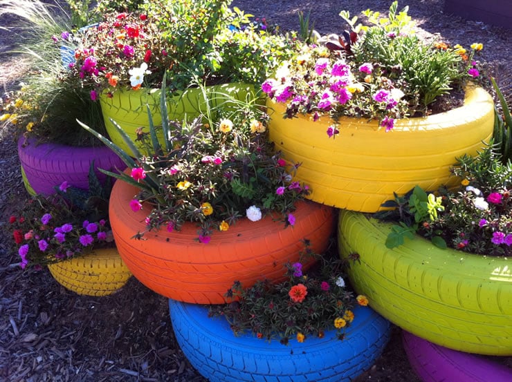 Colorful Garden Planter with Painted Tires