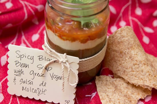 Spicy Black Bean Soup with Greek Yogurt, in a jar with an elegant label