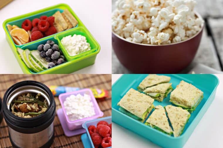 Images of school lunches - fresh fruit and cottage cheese, popcorn, sandwiches