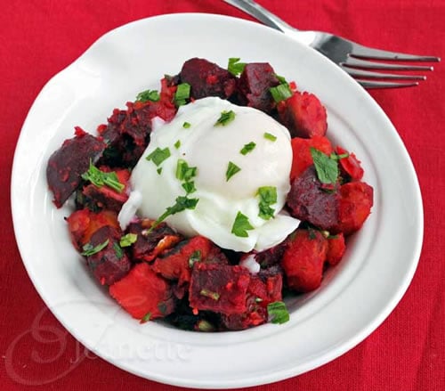 Roasted Beet and Sweet Potato Hash with Egg