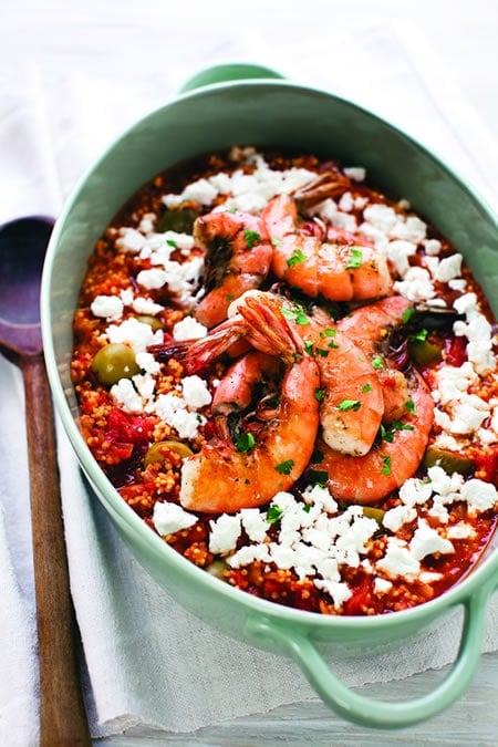 Nine Gluten-Free Ancient Grains, and Greek Millet Saganaki with Shrimp and Ouzo
