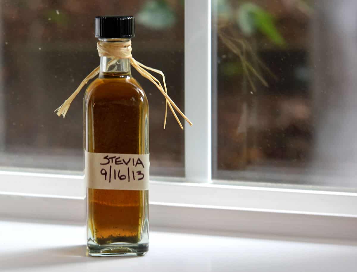 Bottle of stevia extract sitting on a window sill