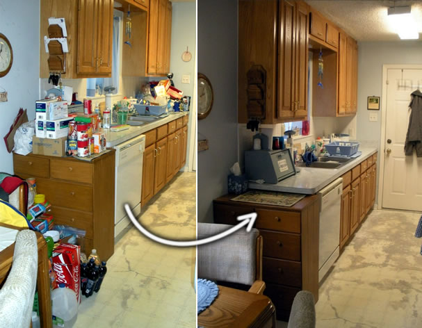 Before and after photos of a dirty, mess kitchen and then a clean, organized kitchen