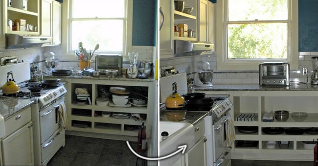 Before and after photo, of messy kitchen cabinets and then clean and organized cabinets