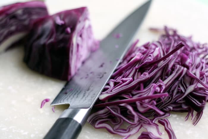 Slicing cabbage for Tofu Tacos