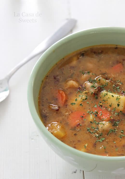 Winter Vegetable Soup with Squash, Garbanzo Beans, and Quinoa