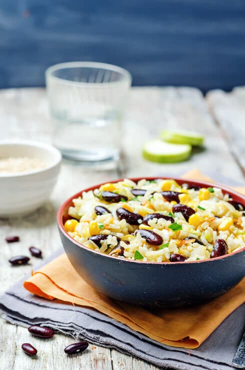 BBQ Veggie Rice Bowl sitting on top of cloth napkins