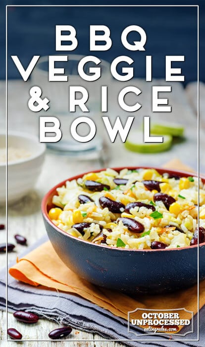 Pinterest-style image of the BBQ Veggie Rice Bowl