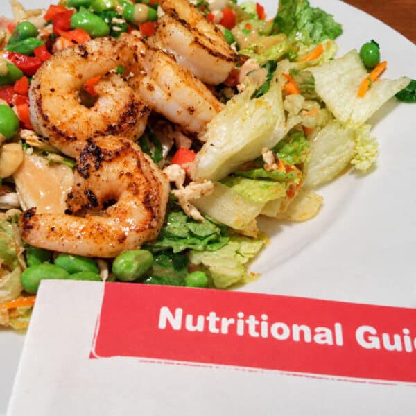 The Guiltless Grill Asian Salad with grilled shrimp I was served at Chili's in 2010, sitting next to the restaurant's printed nutritional guide.